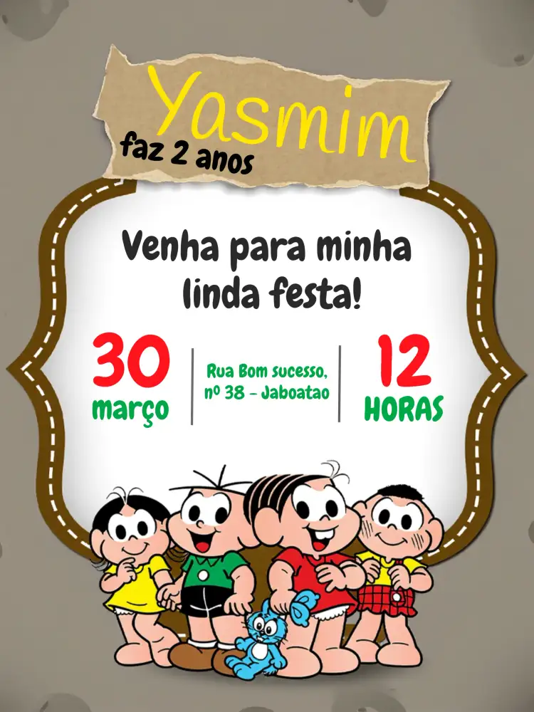 Convite Turma Da Mônica – tema Aniversário Infantil colorido, divertido, infantil, temático, ilustrações, brincalhão