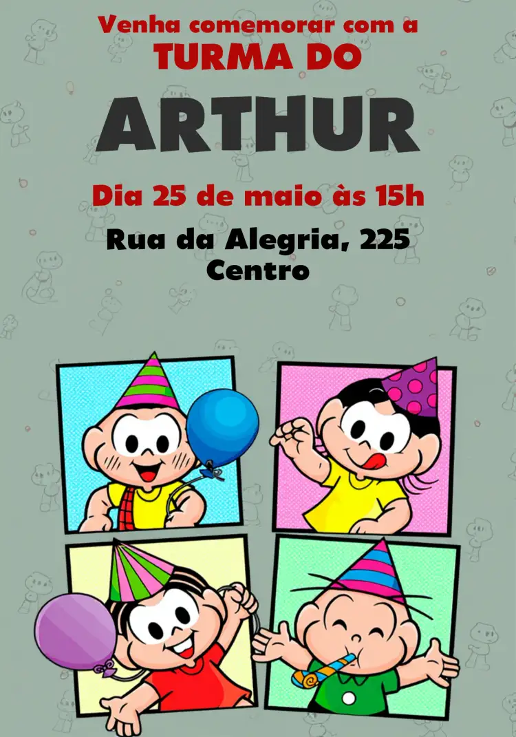 Convite Turma Da Mônica – tema Aniversário Infantil colorido, lúdico, divertido, temático, infantil