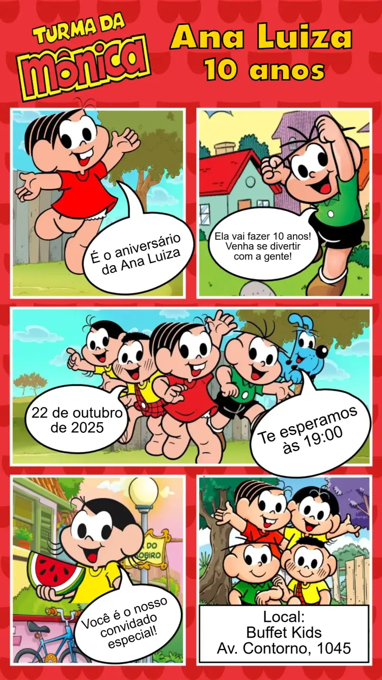 Convite Turma da Mônica editável e personalizável