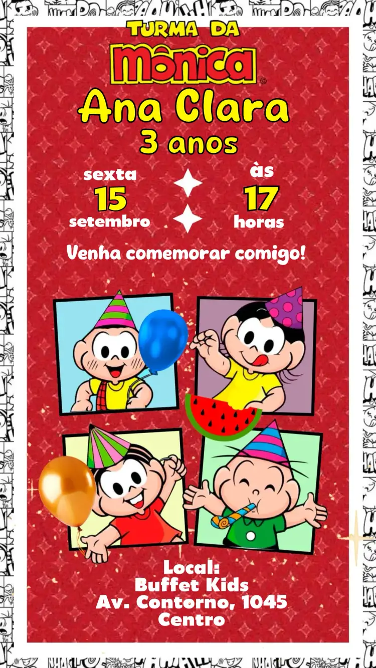 Convite Turma da Mônica – tema Aniversário Infantil colorido, divertido, infantil, ilustrações, personagens, festivo