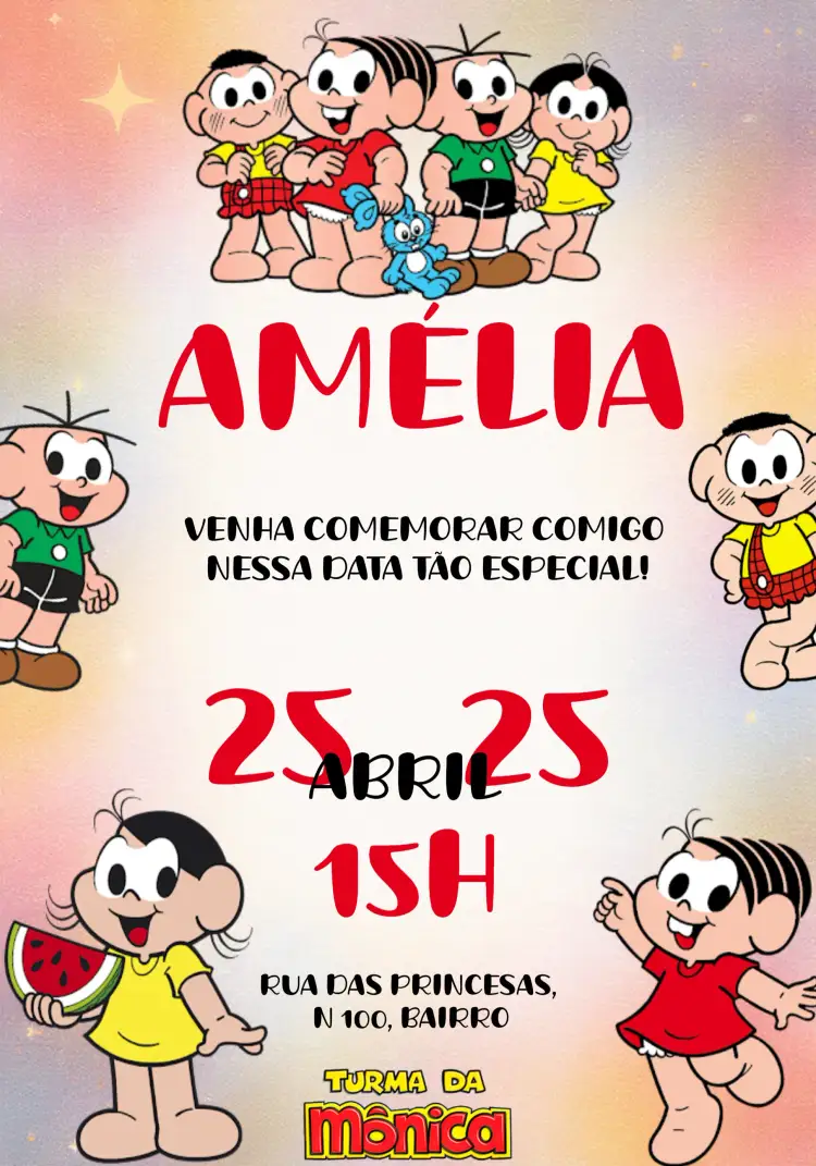 Convite Turma Da Mônica Adesenho – tema Aniversário Infantil colorido, divertido, ilustrações infantis, estilo cartoon, brincalhão
