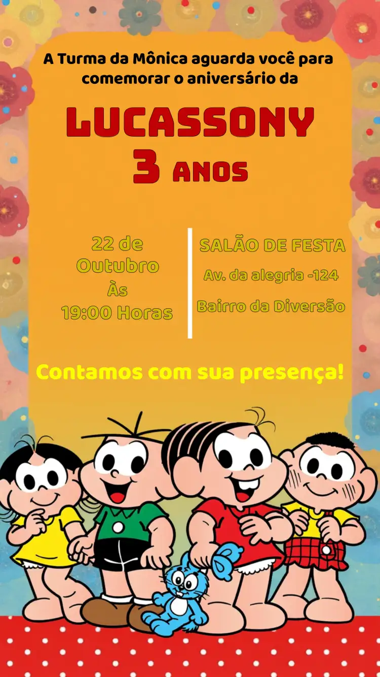 Convite Turma Da Mônica Amarelo – tema Aniversário Infantil colorido, divertido, infantil, personagens de quadrinhos, alegre