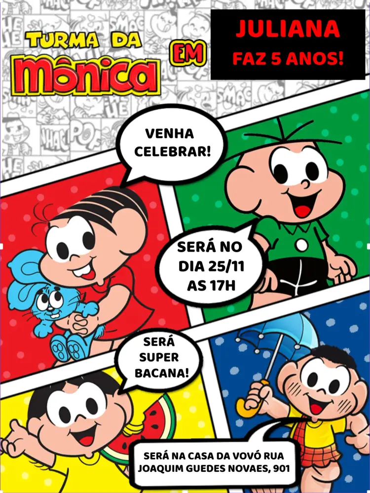 Convite Turma Da Mônica Amarelo editável e personalizável