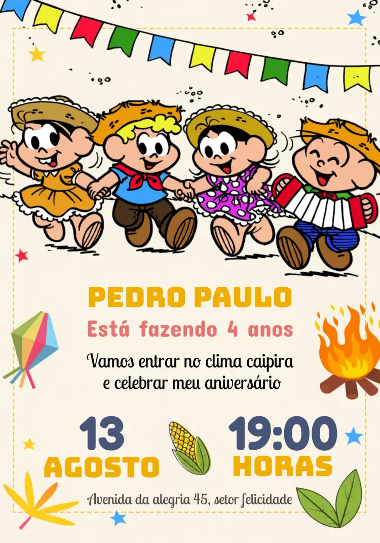 Convite Turma Da Mônica Arraiá Junina editável e personalizável