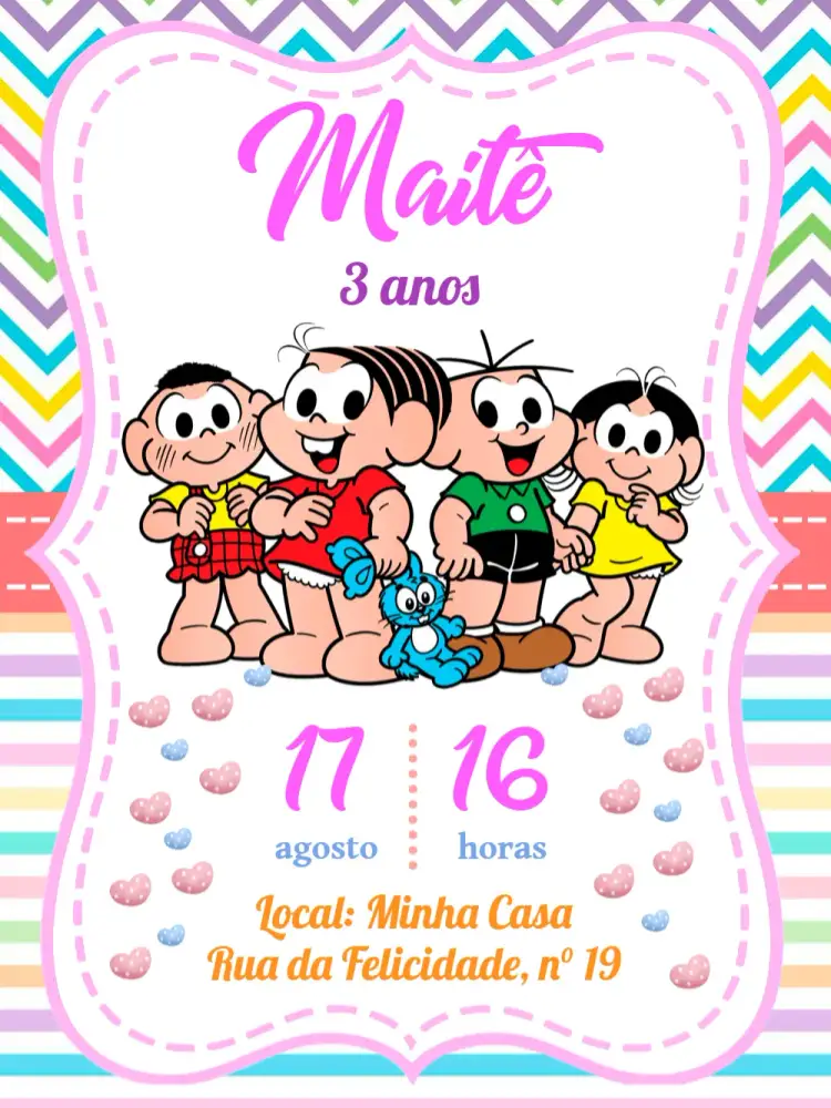 Convite Turma Da Mônica Azul – tema Aniversário Infantil colorido, listrado, infantil, divertido, moderno, temático