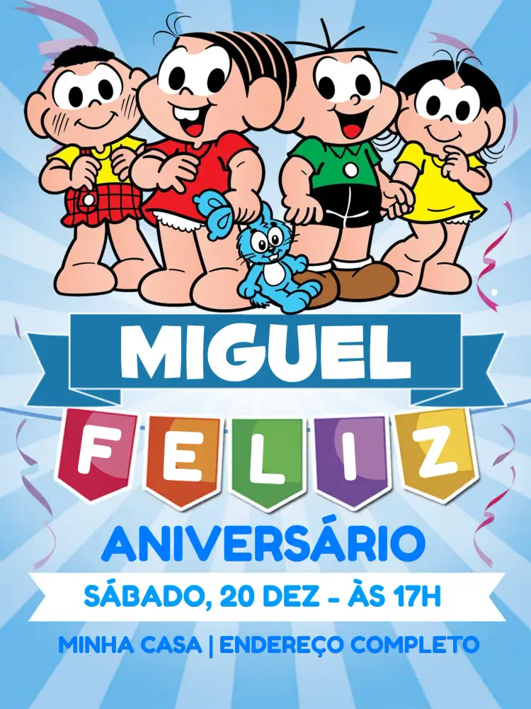 Convite Turma Da Monica Bandeira – tema Aniversário Infantil divertido, colorido, infantil, temático, brincalhão