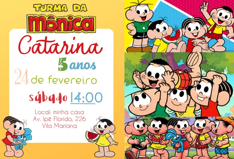 Convite Turma Da Mônica Bento – tema Aniversário Infantil colorido, divertido, infantil, cartoon, temático