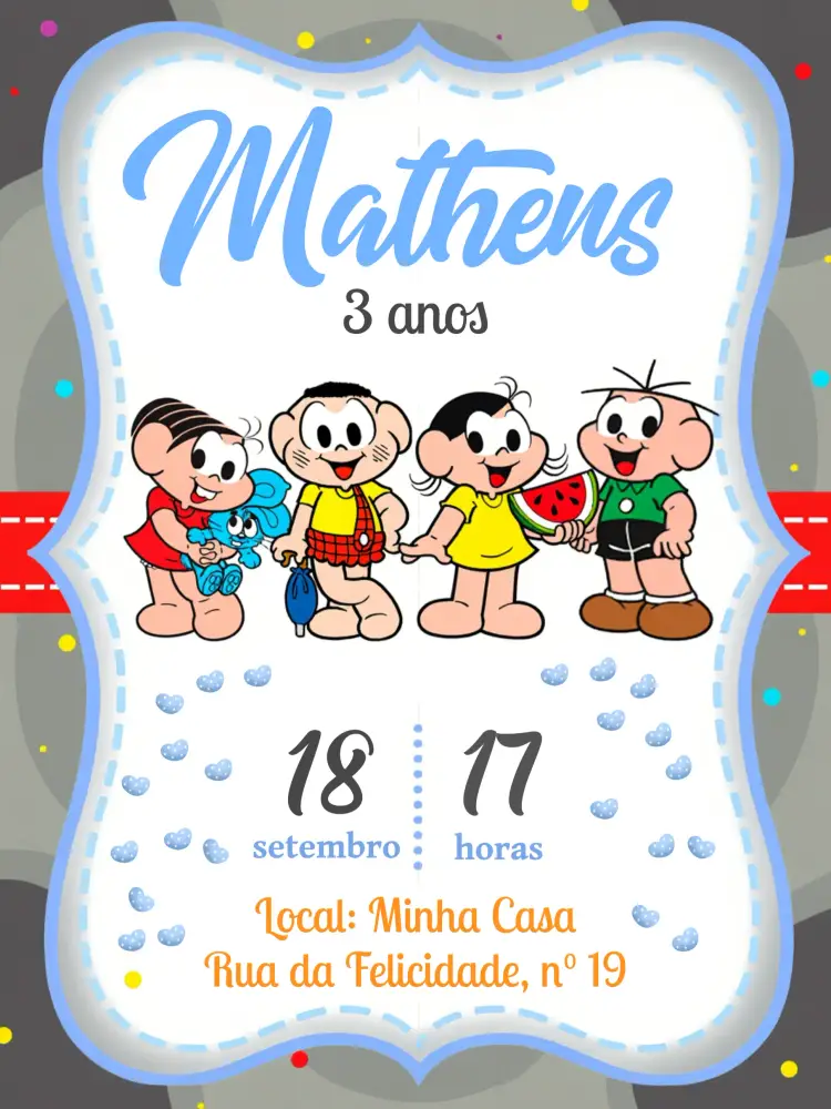 Convite Turma Da Mônica Branco editável e personalizável