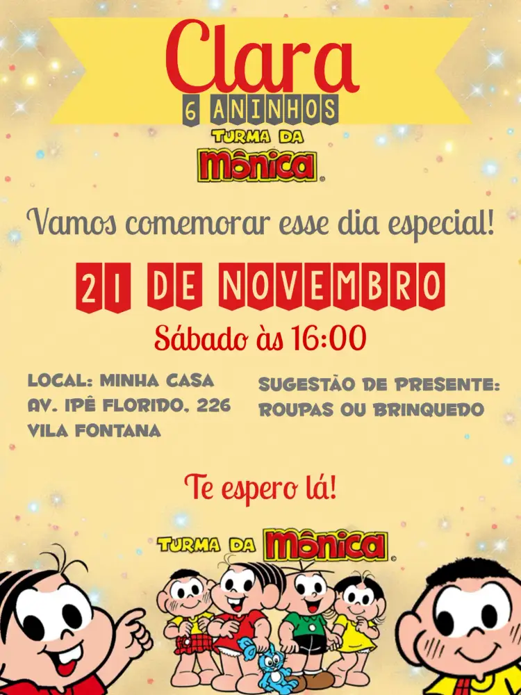 Convite Turma Da Mônica Branco – tema Aniversário Infantil colorido, divertido, ilustrações de personagens, estilo infantil, moderno