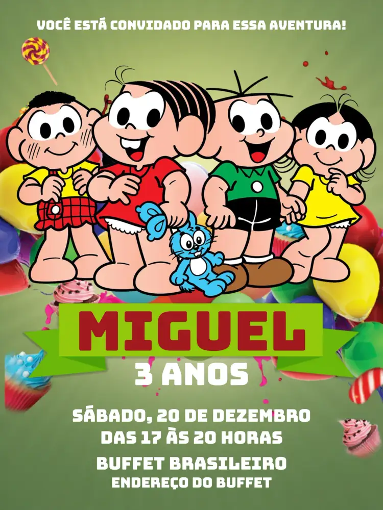 Convite Turma Da Mônica Cascão – tema Aniversário Infantil divertido, colorido, infantil, temático, brincalhão, ilustrativo
