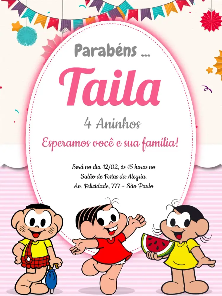 Convite Turma Da Mônica Cascão – tema Aniversário Infantil colorido, lúdico, infantil, quadrinhos, divertido, temático
