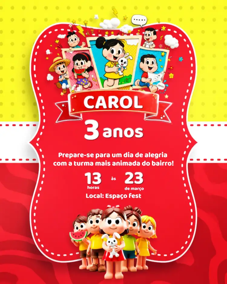 Convite Turma Da Monica Cascão – tema Aniversário Infantil divertido, colorido, infantil, temático, ilustrações da Mônica, design alegre
