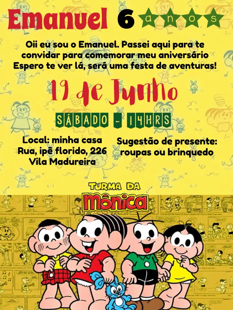 Convite Turma Da Mônica Cascão editável e personalizável