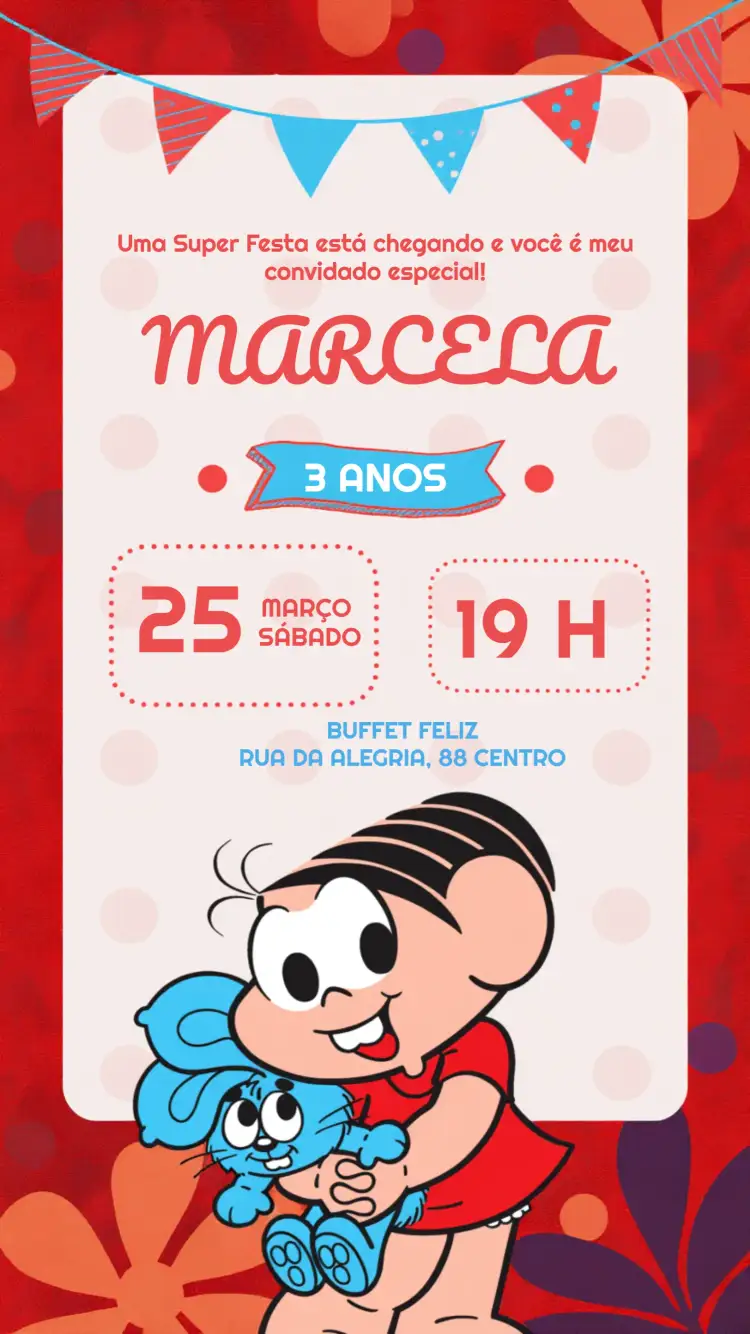 Convite Turma Da Mônica Cebolinha – tema Aniversário Infantil vermelho, divertido, infantil, ilustrações animadas, colorido, temática Turma da Mônica