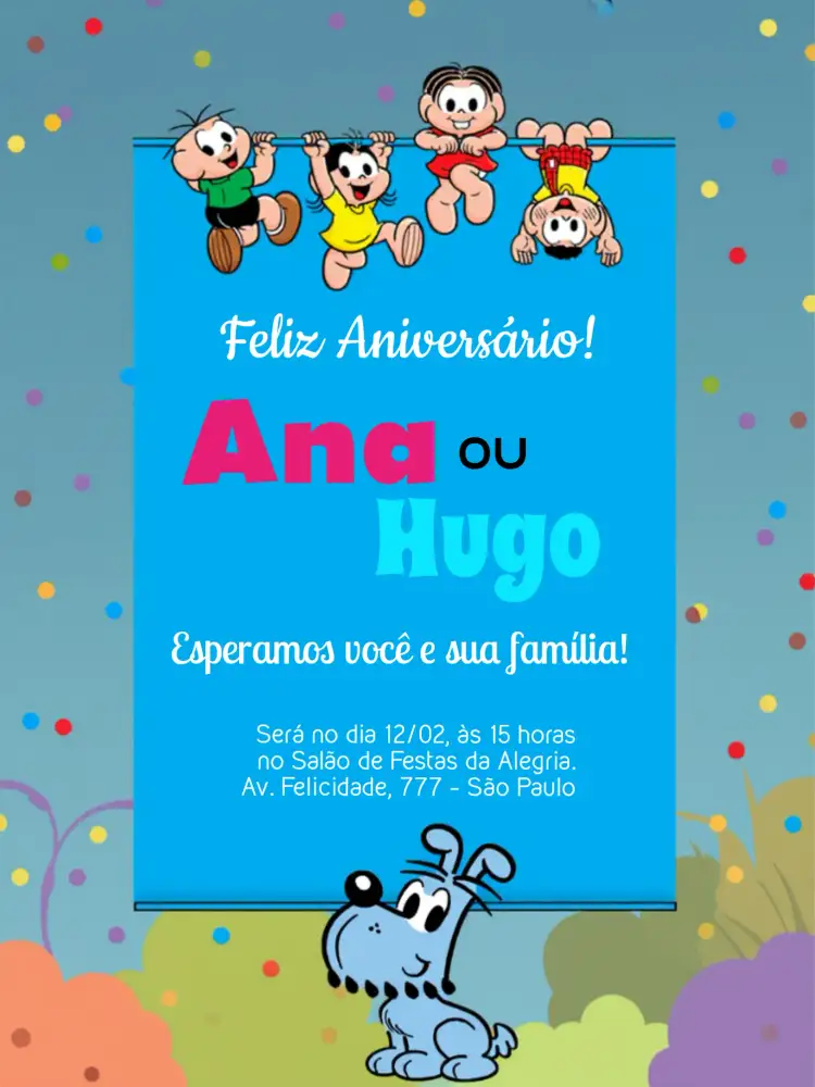 Convite Turma Da Mônica Cebolinha – tema Aniversário Infantil colorido, divertido, ilustrativo, infantil, temático
