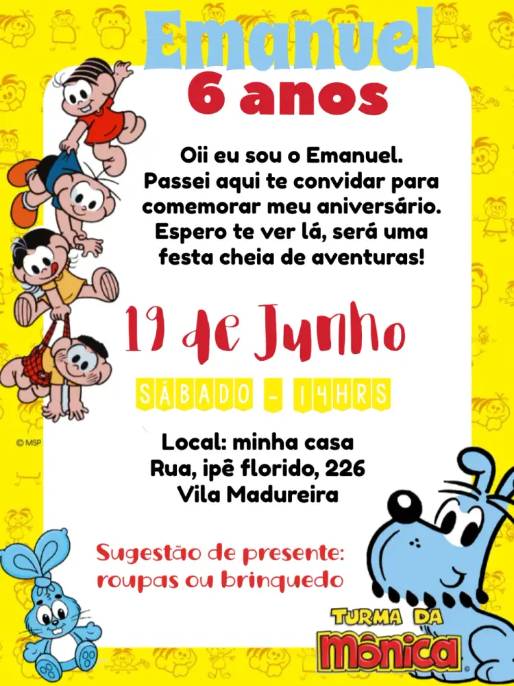 Convite Turma Da Mônica Cebolinha – tema Aniversário Infantil colorido, divertido, infantil, temático, vibrante