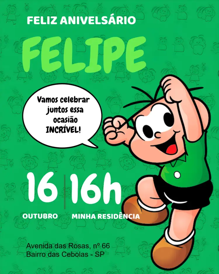 Convite Turma Da Mônica Cebolinha Quadrinhos – tema Aniversário Infantil colorido, quadrinhos, divertido, infantil, temático
