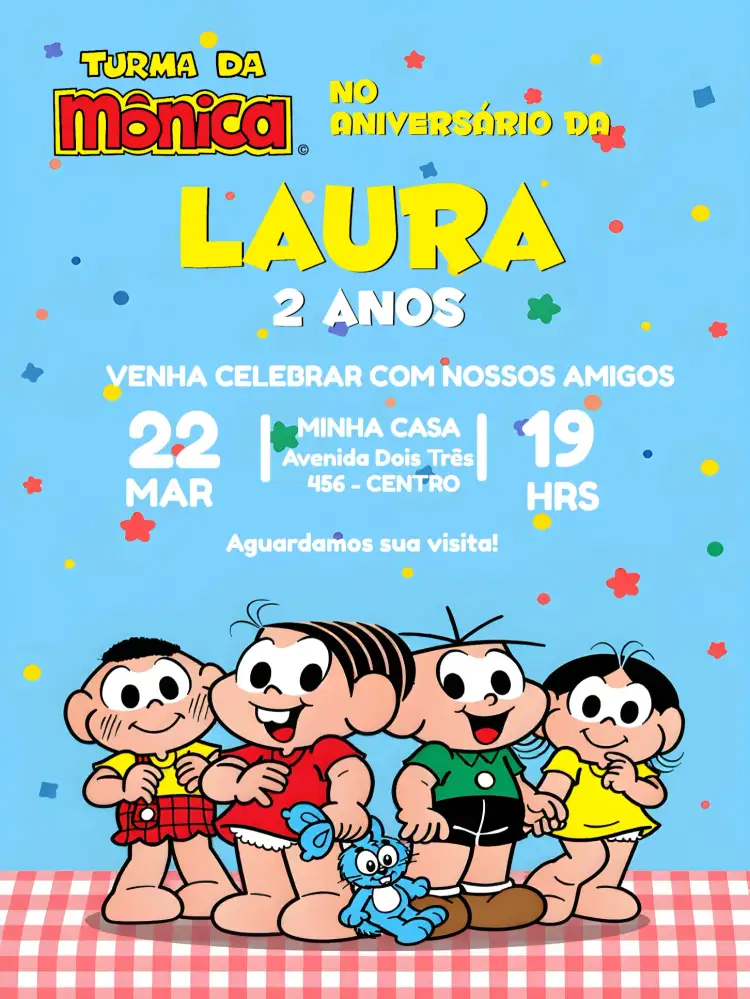 Convite Turma Da Mônica Colorido – tema Mais pesquisados colorido, divertido, infantil, quadrinhos, cartoon, vibrante