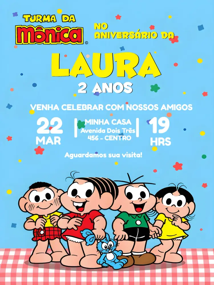 Convite Turma Da Mônica Colorido editável e personalizável