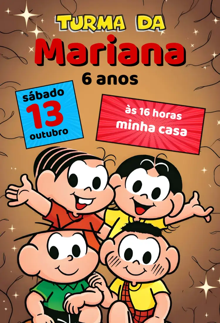 Convite Turma Da Mônica Tirinhas – tema Aniversário Infantil colorido, lúdico, divertido, infantil, ilustrações, personagens