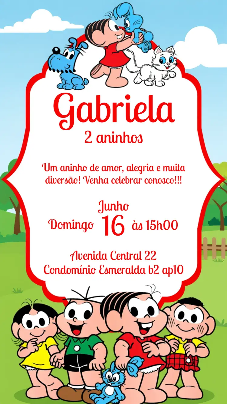 Convite Turma Da Mônica Colorido editável e personalizável