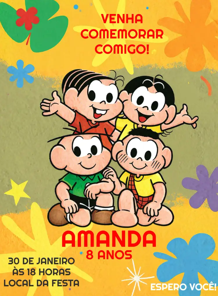 Convite Turma Da Mônica Colorido – tema Aniversário Infantil colorido, divertido, infantil, temático, alegre, brincalhão
