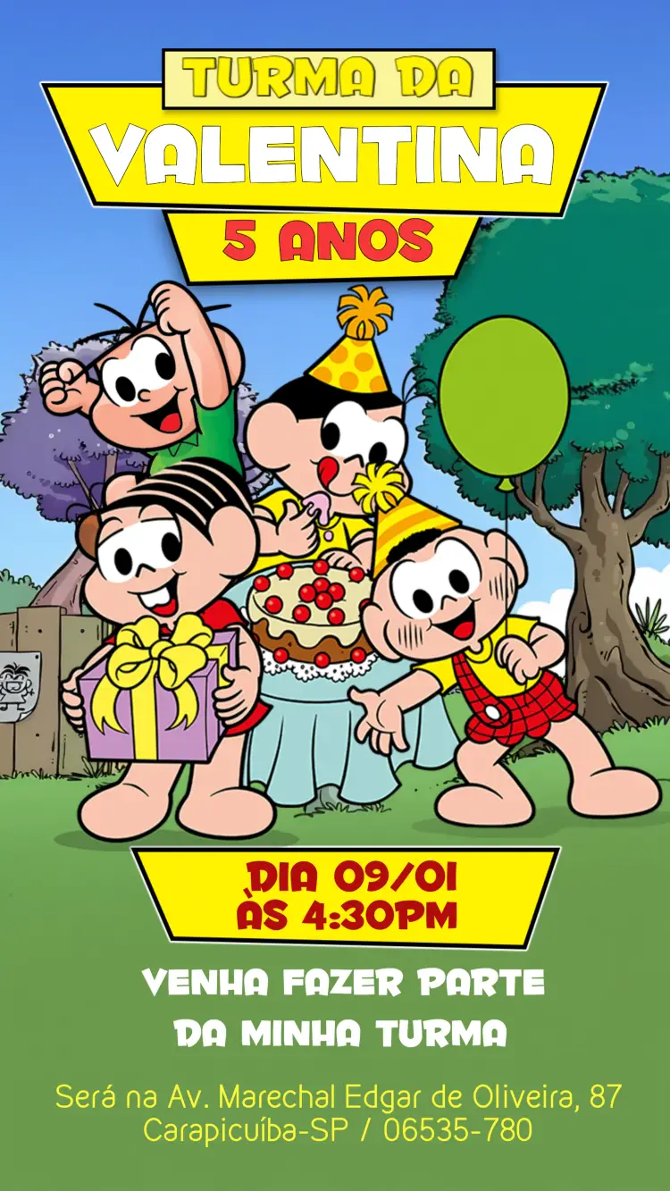 Convite Turma Da Mônica Colorido editável e personalizável