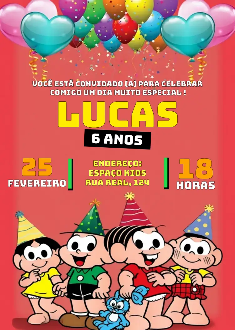 Convite Turma Da Mônica Colorido – tema Aniversário Infantil colorido, divertido, quadrinhos, infantil, temático