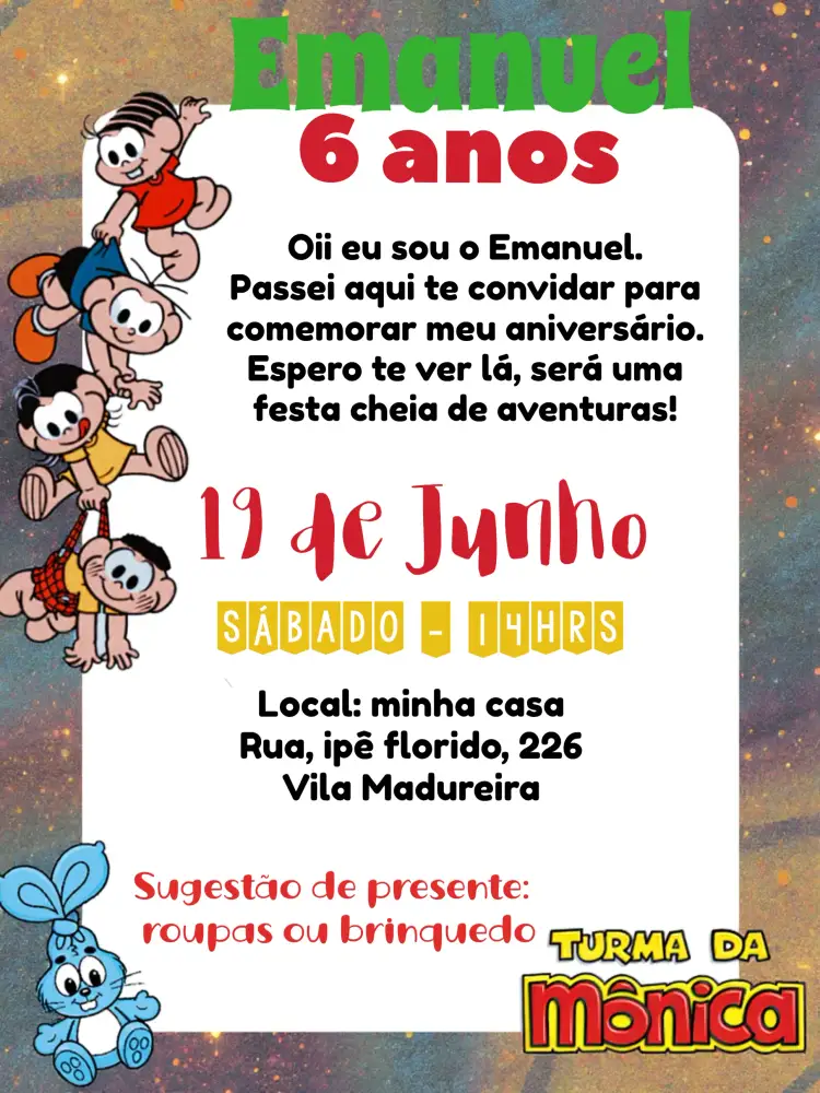 Convite Turma Da Mônica Colorido – tema Aniversário Infantil colorido, infantil, divertido, ilustrações da Turma da Mônica, vermelho e branco, personagens fofos