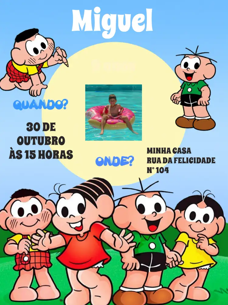 Convite Turma Da Mônica Com Foto Azul – tema Aniversário Infantil azul, lilás, branco, divertido, infantil, ilustrações da Turma Da Mônica