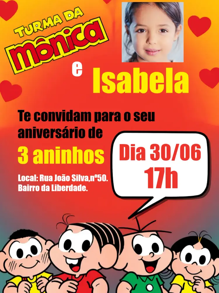 Convite Turma Da Mônica Com Foto Branco editável e personalizável