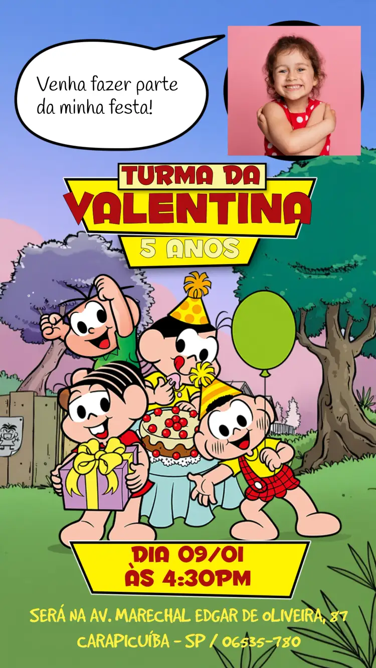 Convite Turma Da Mônica Com Foto Cebolinha – tema Aniversário Infantil colorido, divertido, infantil, vibrante, ilustrações da Turma da Mônica