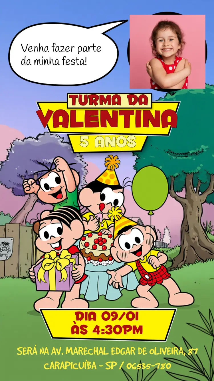 Convite Turma Da Mônica Com Foto Cebolinha editável e personalizável