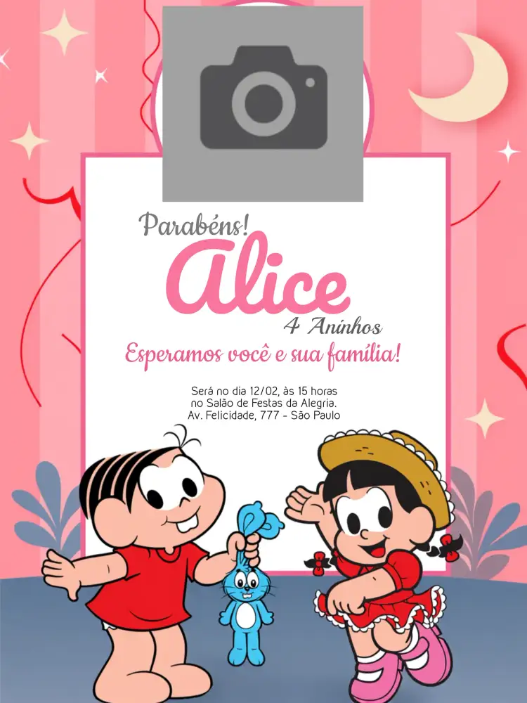 Convite Turma Da Mônica Com Foto Menina – tema Aniversário Infantil cores vibrantes, estilo cartoon, elementos lúdicos, design infantil, ilustrações coloridas