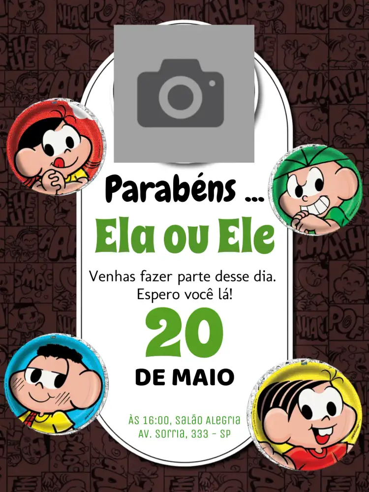 Convite Turma Da Mônica Com Foto Monica – tema Aniversário Infantil colorido, divertido, infantil, ilustrações animadas, moderno