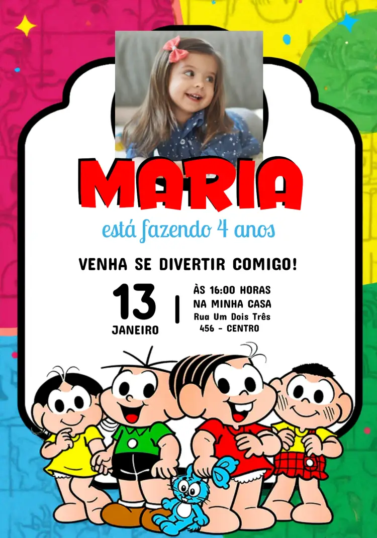 Convite Turma Da Mônica Com Foto Rosa editável e personalizável