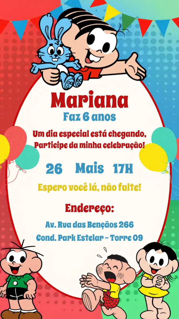 Convite Turma Da Mônica Crianças – tema Aniversário Infantil colorido, divertido, infantil, ilustrações da Turma Da Mônica, brincalhão, temática de quadrinhos