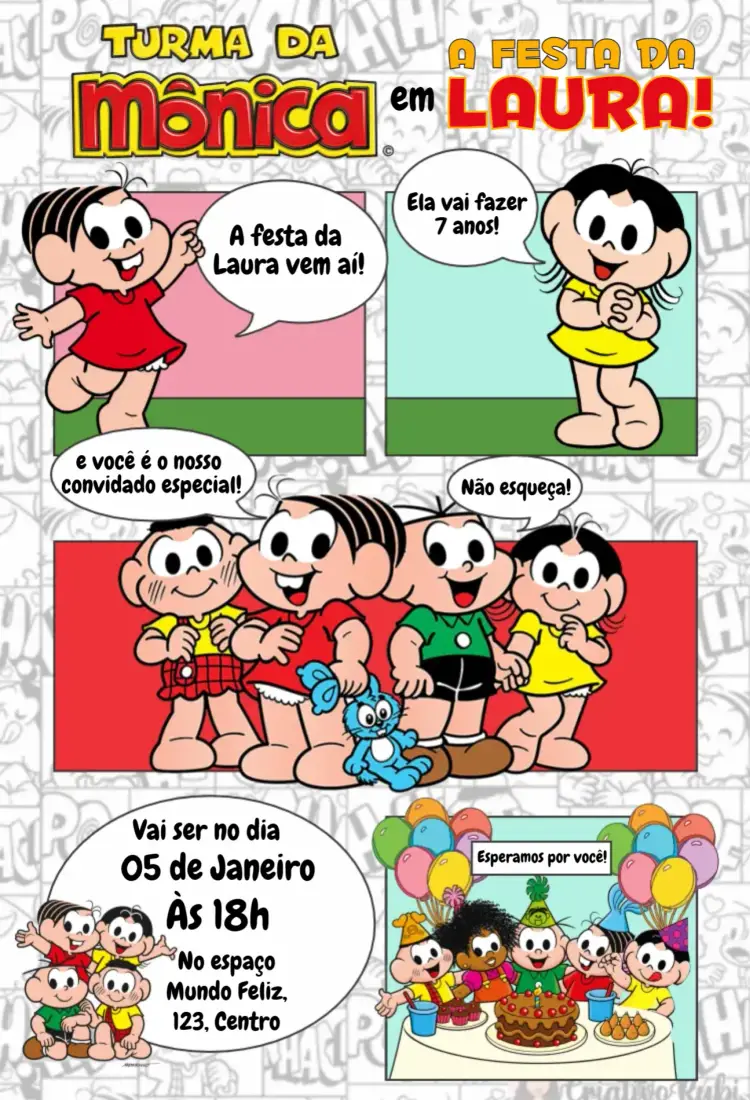 Convite Turma da Mônica em Historia em Quadrinhos editável e personalizável