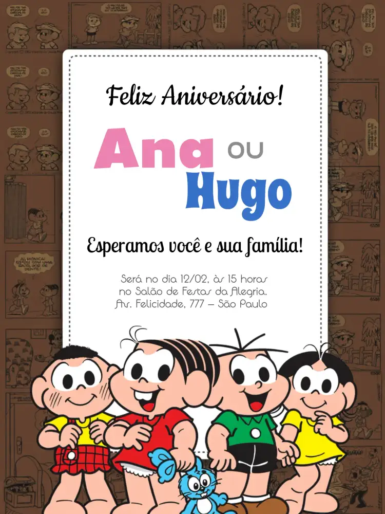 Convite Turma Da Mônica Gibi – tema Aniversário Infantil colorido, divertido, infantil, ilustrações clássicas, temática de gibi