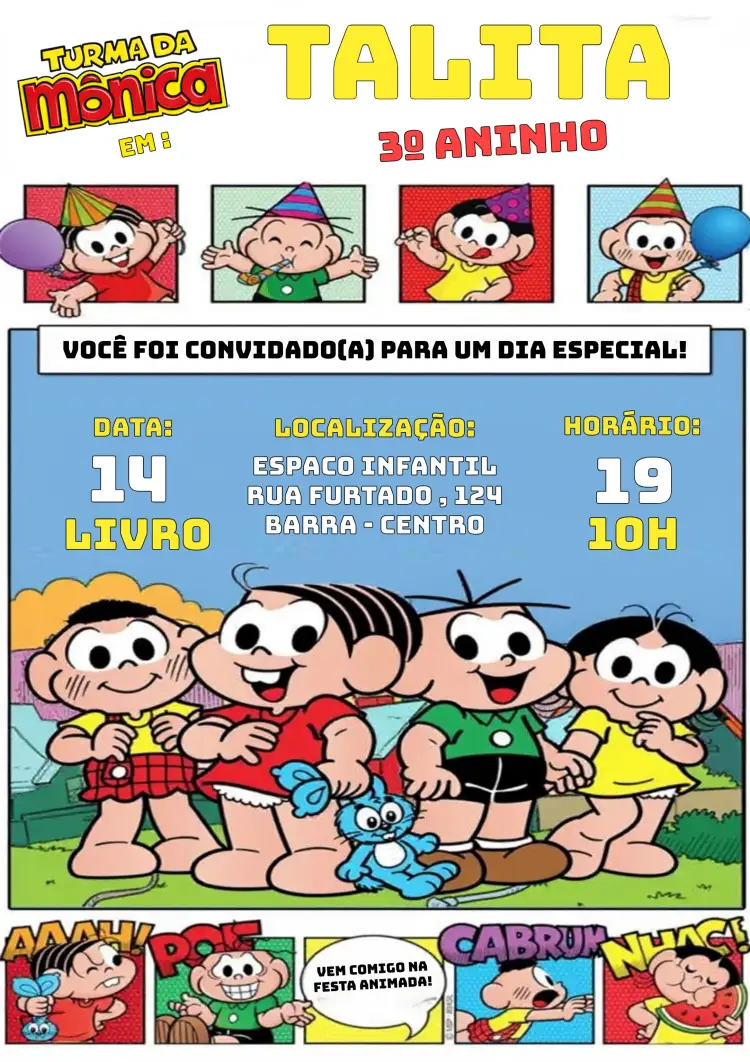 Convite Turma Da Mônica Gibi Festa – tema Aniversário Infantil colorido, divertido, lúdico, infantil, temático