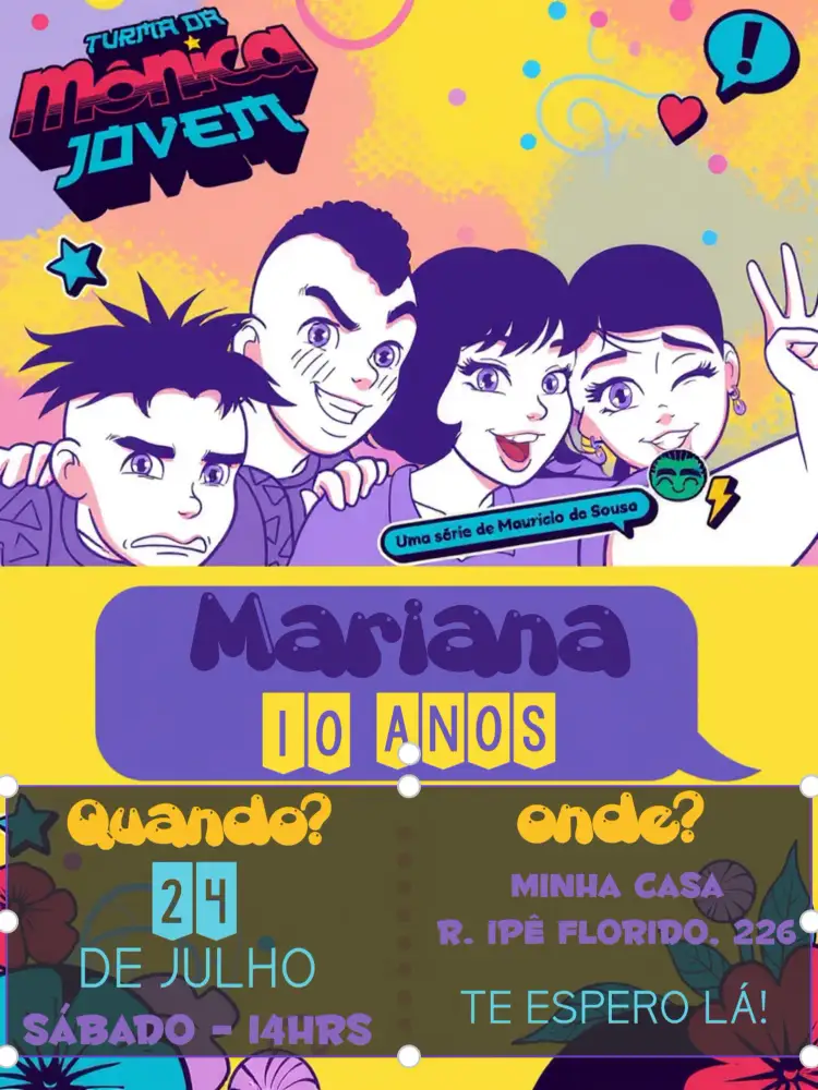 Convite Turma Da Mônica Jovem Cascão – tema Aniversário Infantil colorido, divertido, infantil, ilustrações, moderno
