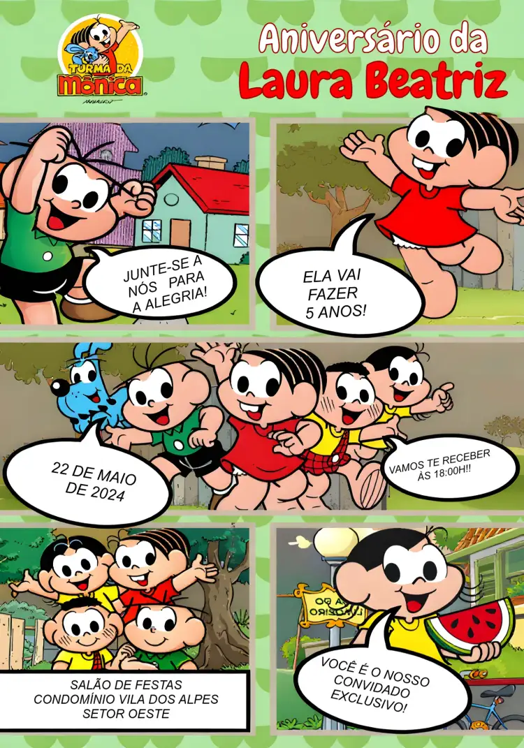 Convite Turma Da Mônica Logo – tema Aniversário Infantil colorido, divertido, infantil, temático, animado