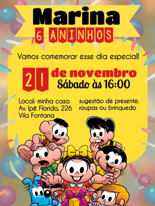 Convite Turma Da Mônica Magali – tema Aniversário Infantil colorido, divertido, infantil, brincalhão, temático, vibrante
