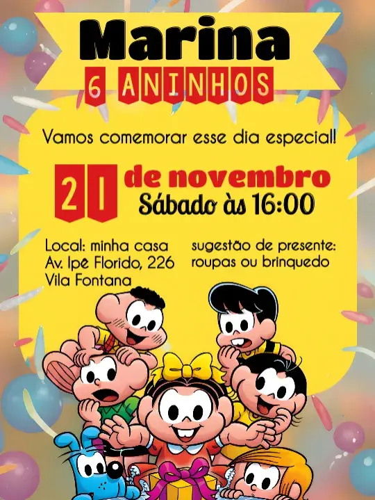 Convite Turma Da Mônica Magali editável e personalizável