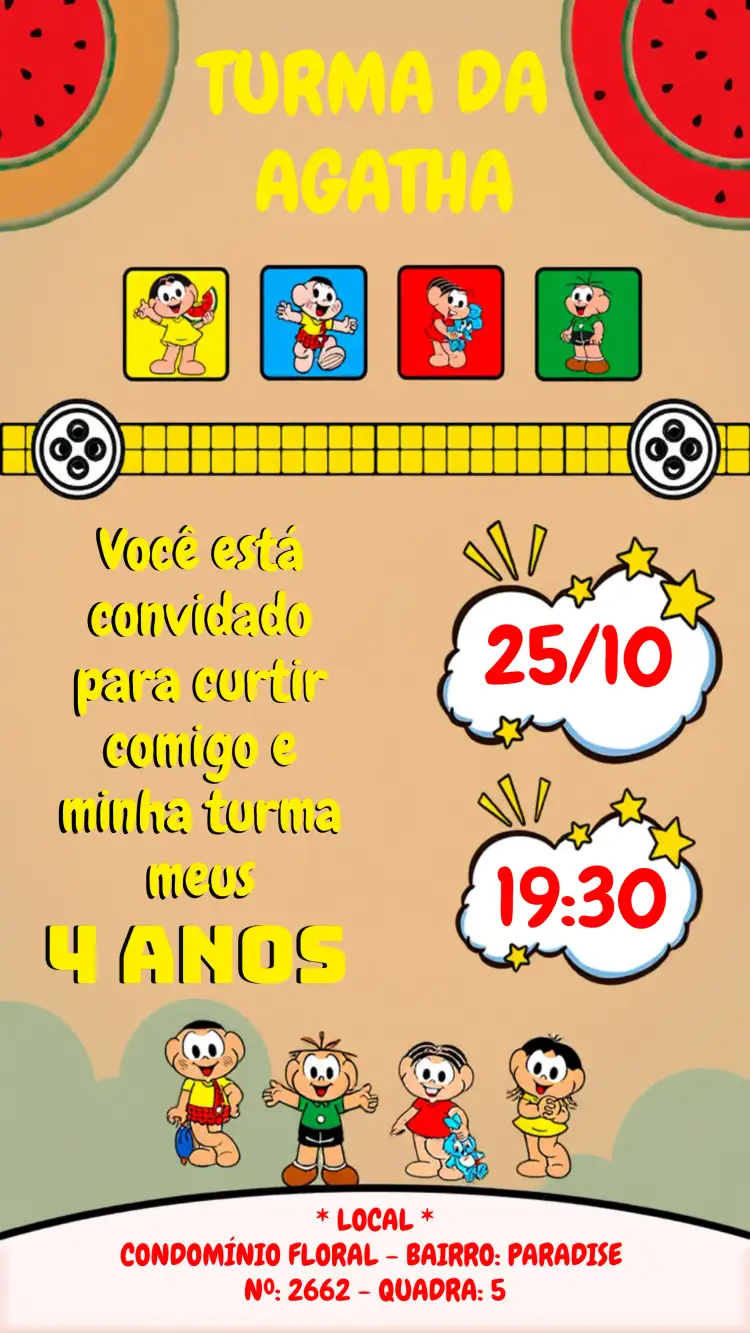 Convite Turma Da Mônica Melancia – tema Aniversário Infantil colorido, divertido, infantil, temático, vibrante