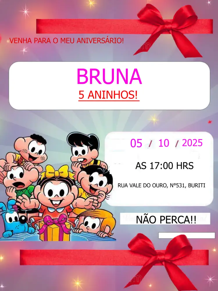 Convite Turma Da Mônica Menina – tema Aniversário Infantil rosa, divertido, lúdico, infantil, colorido