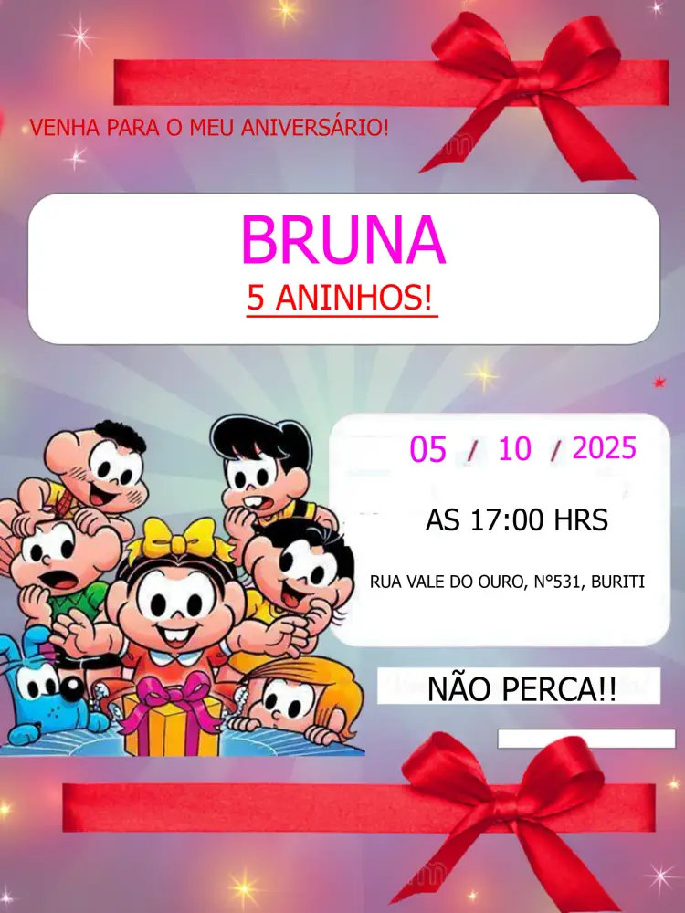 Convite Turma Da Mônica Menina editável e personalizável