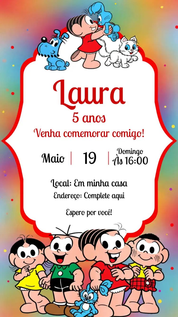 Convite Turma Da Monica Mônica – tema Aniversário Infantil colorido, divertido, infantil, ilustrações, quadrinhos, temático
