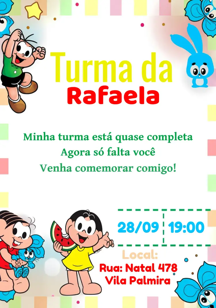 Convite Turma Da Mônica Monica – tema Aniversário Infantil colorido, infantil, divertido, temático, ilustrações, alegre