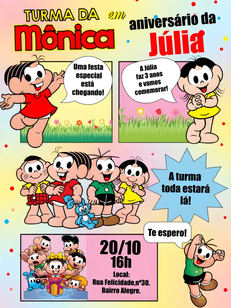 Convite Turma Da Mônica Quadrinhos Gibi – tema Aniversário Infantil colorido, infantil, quadrinhos, divertido, lúdico